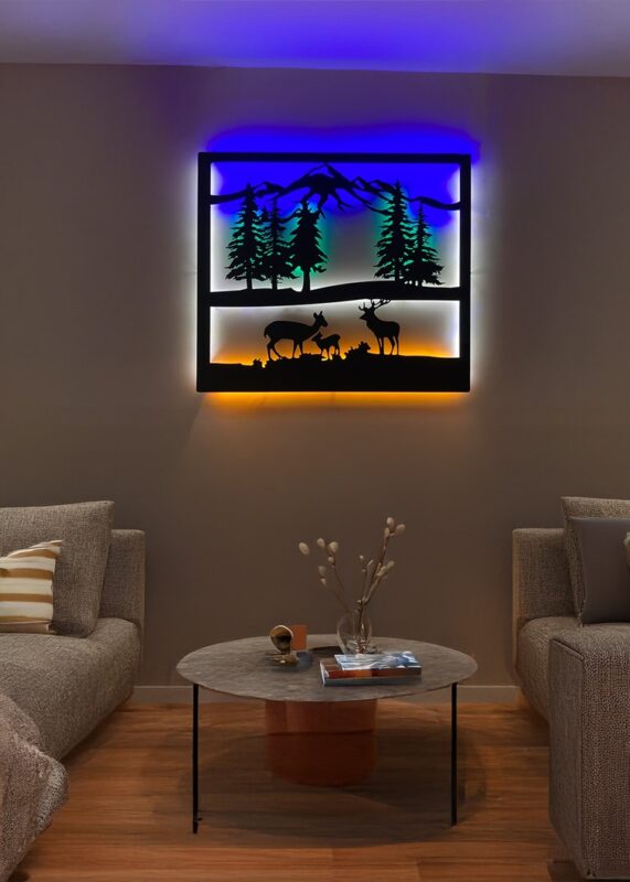 Ledli Metal Deer and Nature Tablo