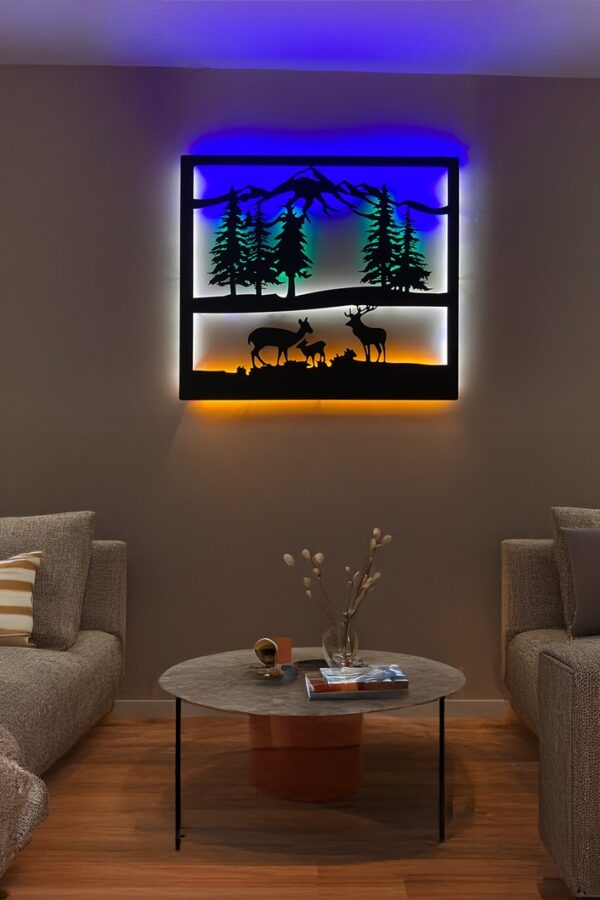 Ledli Metal Deer and Nature Tablo