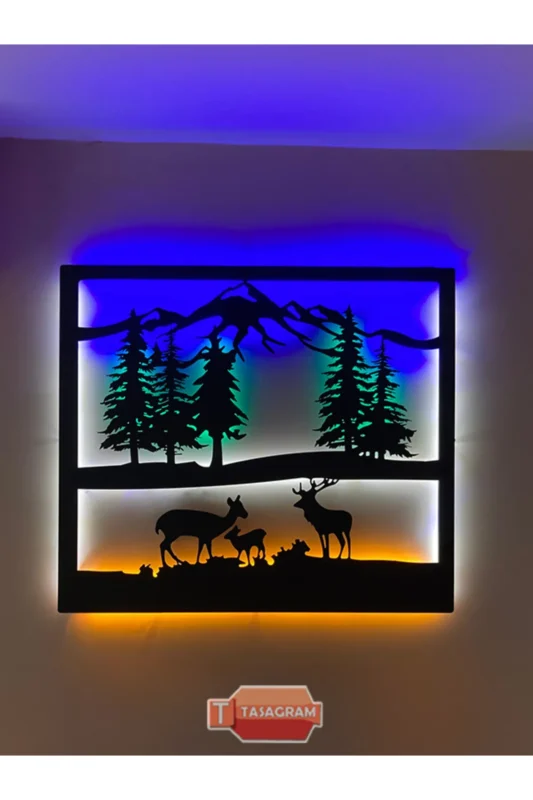Deer and Nature Ledli Metal Tablo
